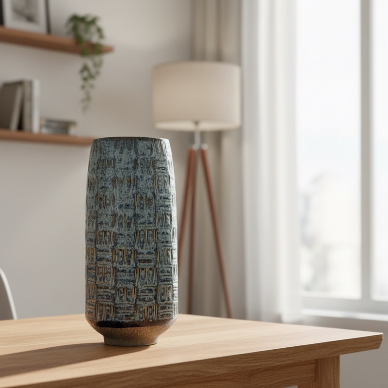 blaue Vase auf einem Tisch in einem Zimmer