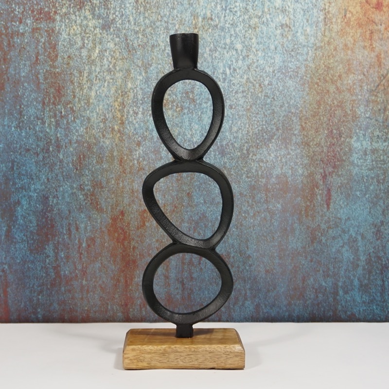 schwarzer Kerzenhalter mit Sockel aus Holz (35cm)