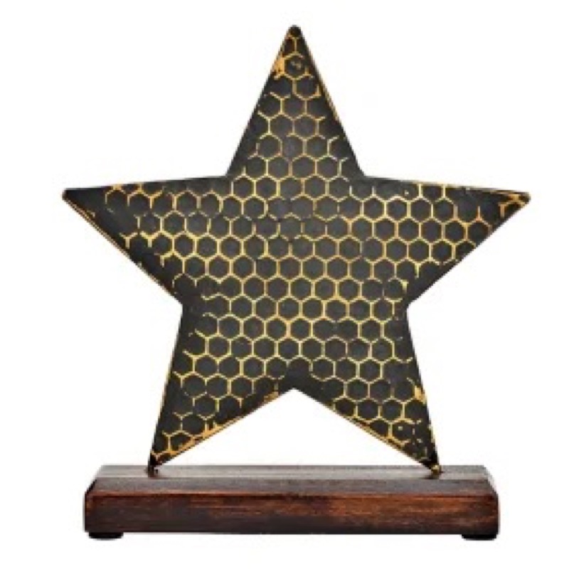 schwarz-goldfarbener Stern auf Holzsockel (22cm)