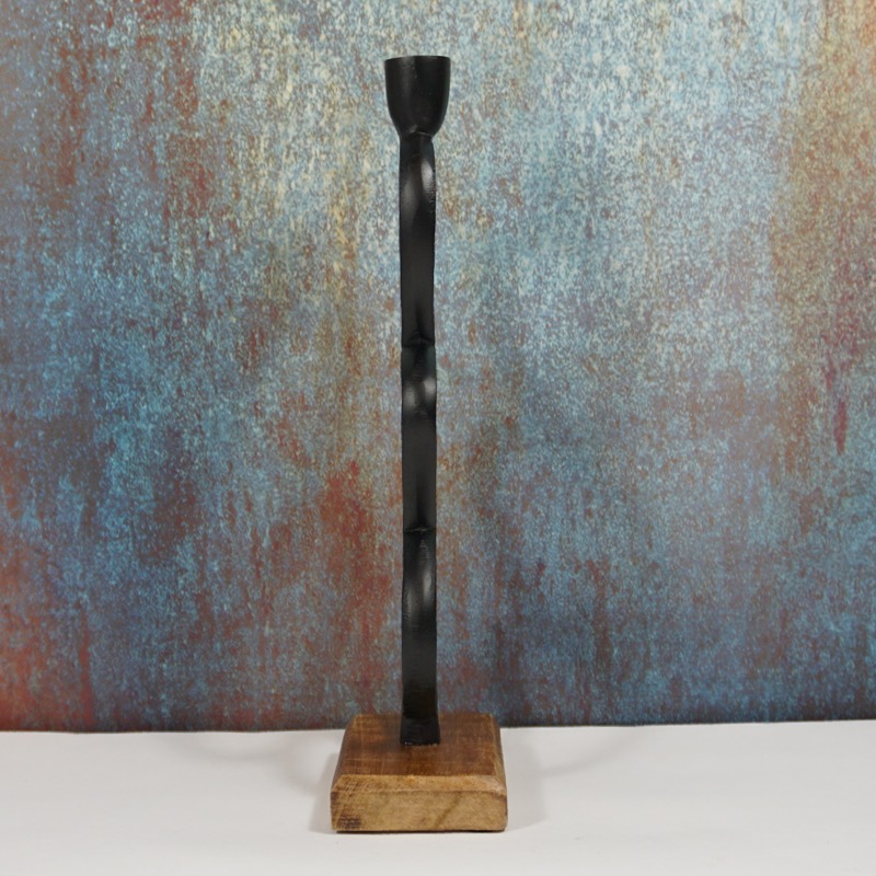 schwarzer Kerzenhalter mit Sockel aus Holz (35cm)
