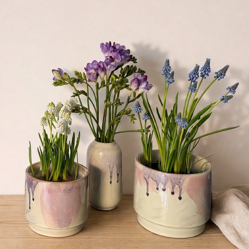 Ensemble bunter Keramikübertöpfe mit passender Vase