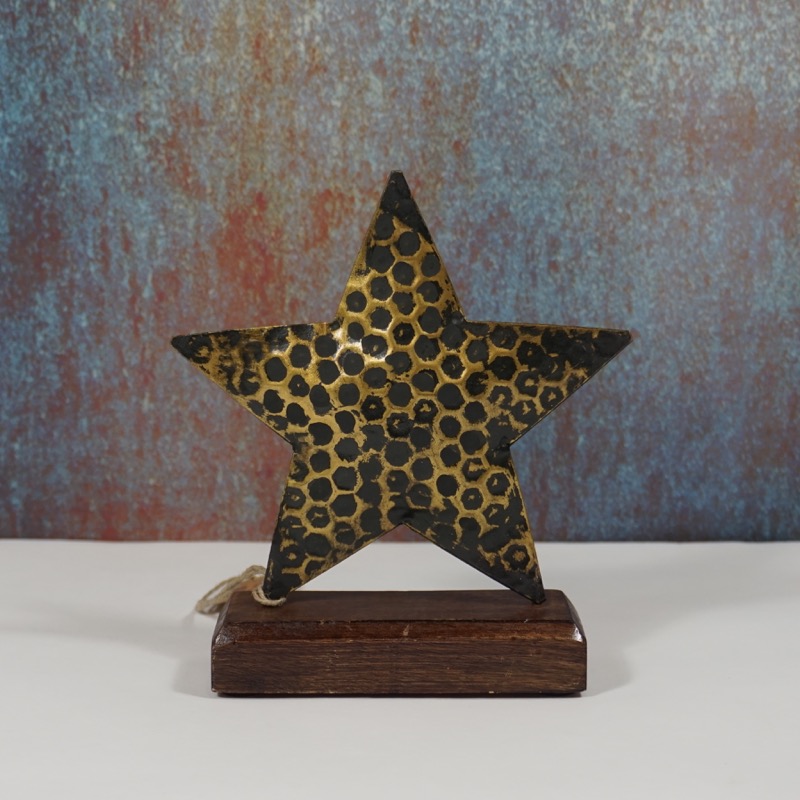 schwarz-goldfarbener Stern auf Holzsockel (17cm)