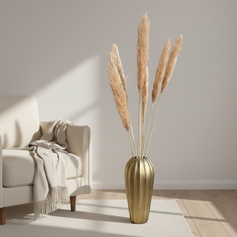 Bodenvase goldfarben (43cm) in Wohnzimmer vor Couch