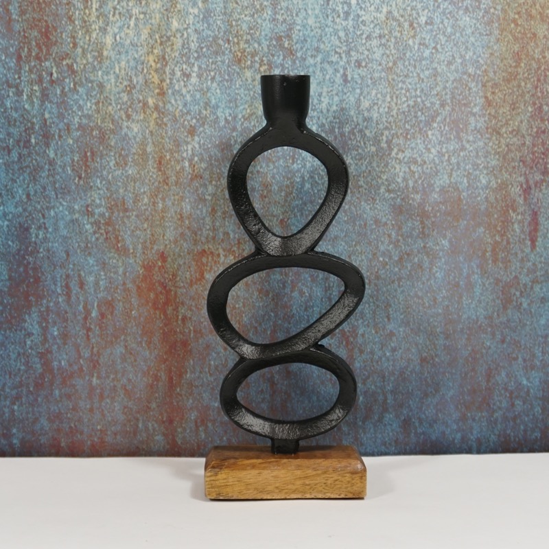 schwarzer Kerzenhalter mit Sockel aus Holz (25cm)